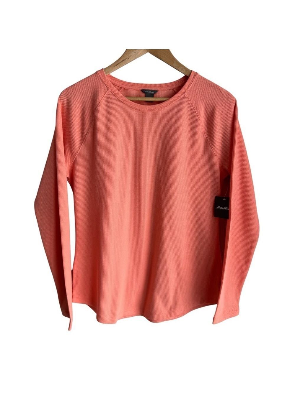 Eddie Bauer Long Sleeve Waffle Shirt Womens L Melon Coral Crewneck Thermal Top